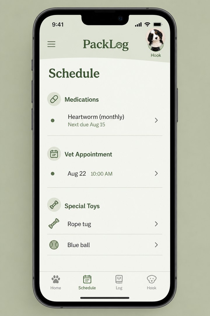 PackLog schedule with care reminders