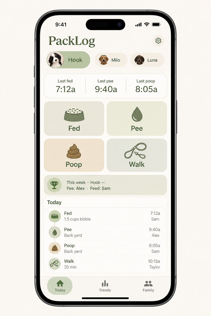 PackLog Today screen showing feed, pee, poop, and walk logs